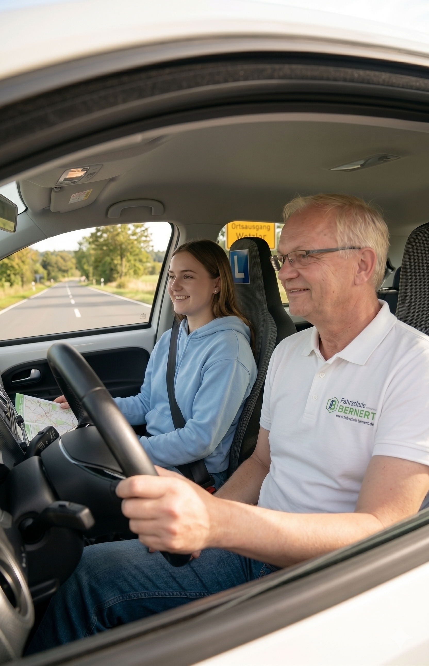 Fahrlehrer mit Schülerin im Auto